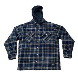Eddie Bauer Men's Large Full-Zip Fleece  Hooded Shirt Jacket Navy Plaid NWT